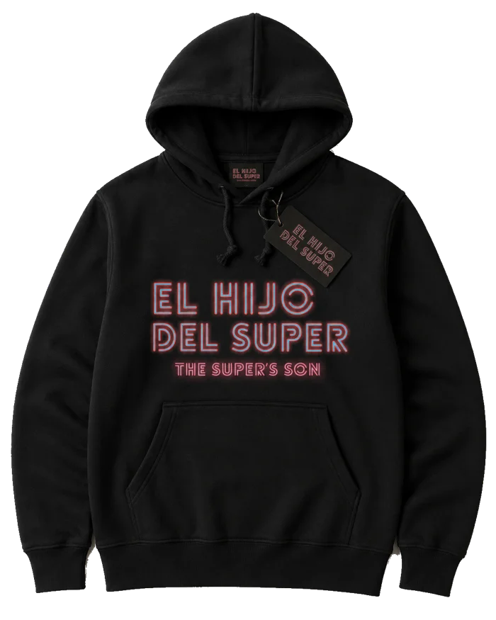 Original design mockup of the black El Hijo del Super / The Super’s Son hoodie